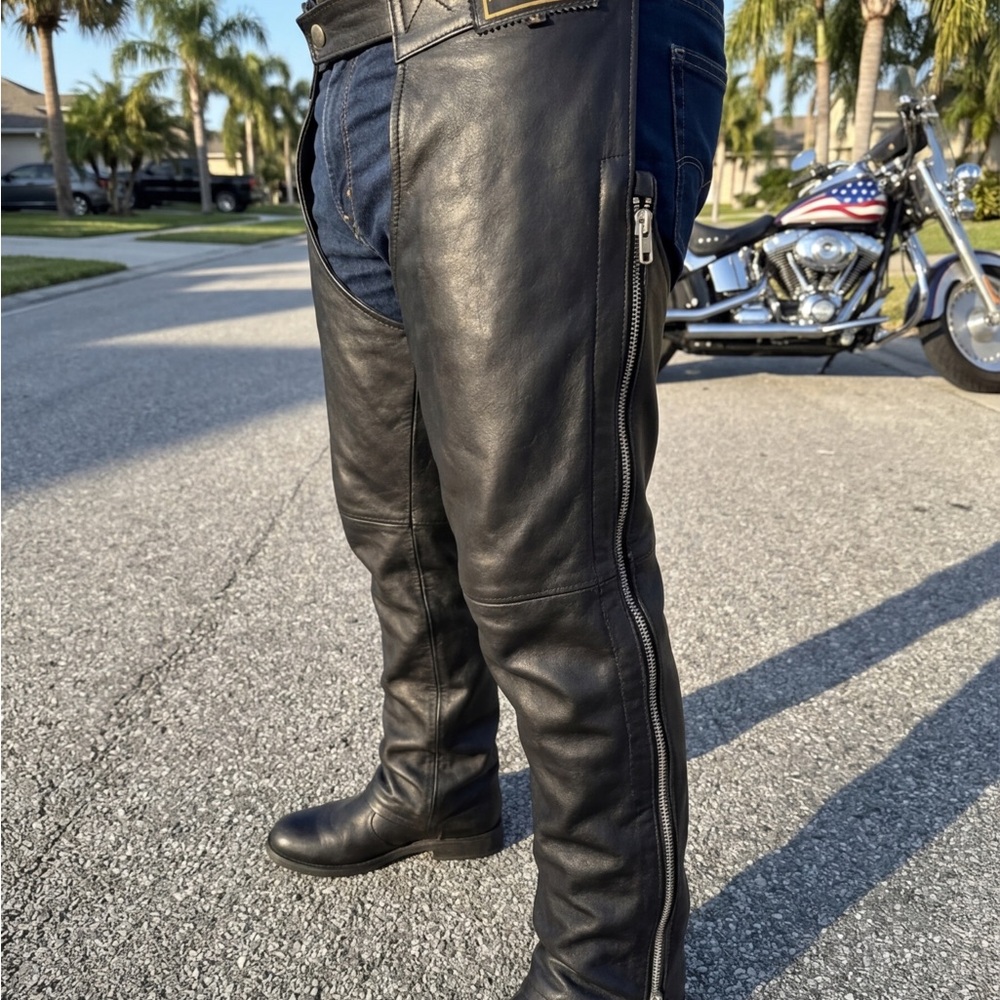 Vintage Unik Black Leather Motorcycle Chaps XL - Biker Western Grunge Aesthetic